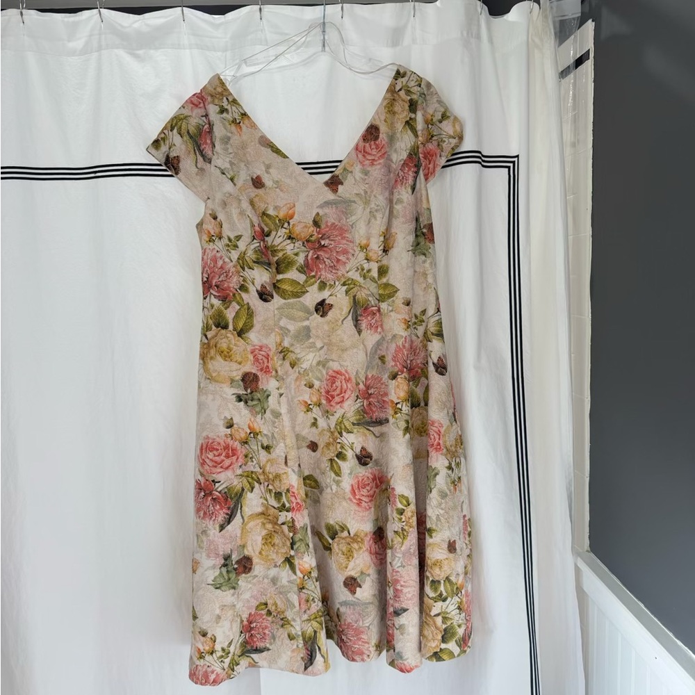 Adrianna Papell Beige Floral Midi Dress with Pink & Green Accents